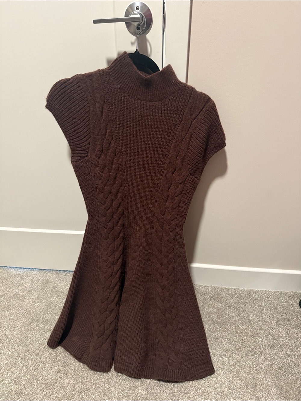 Brown Cable-Knit Mock Neck Sweater Dress